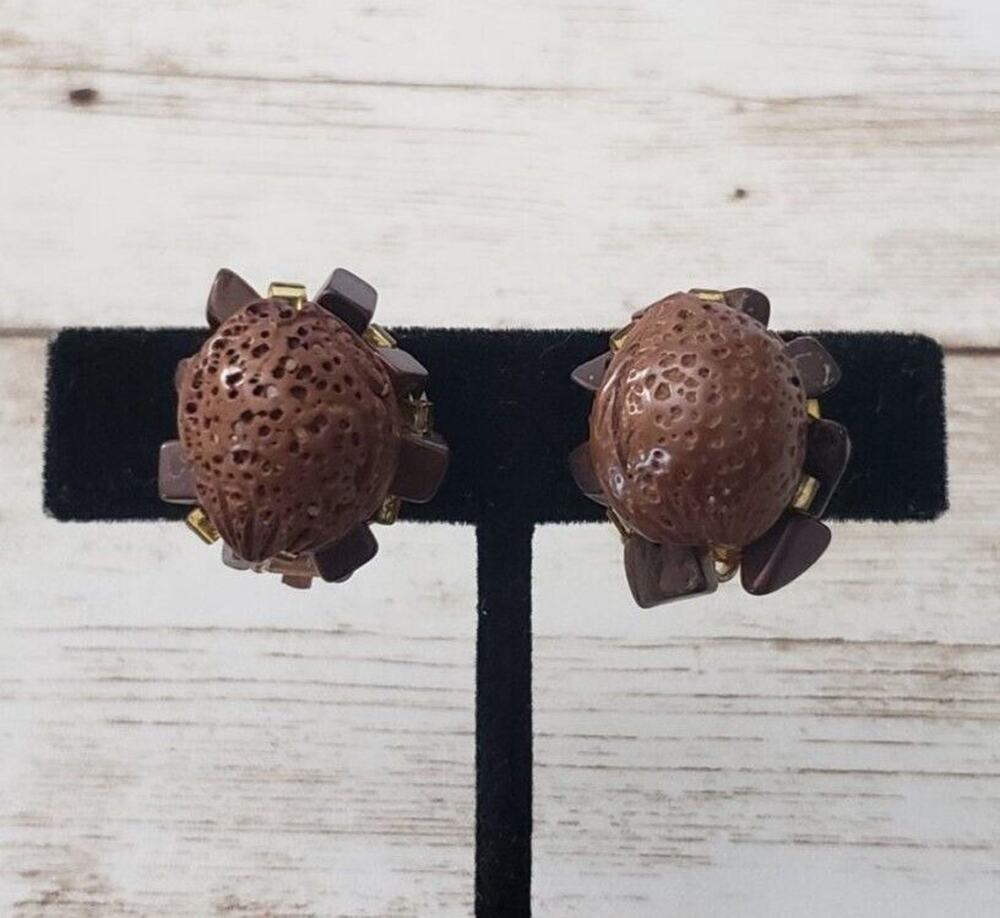 Vintage Clip On Earrings Brown Nut With Beads